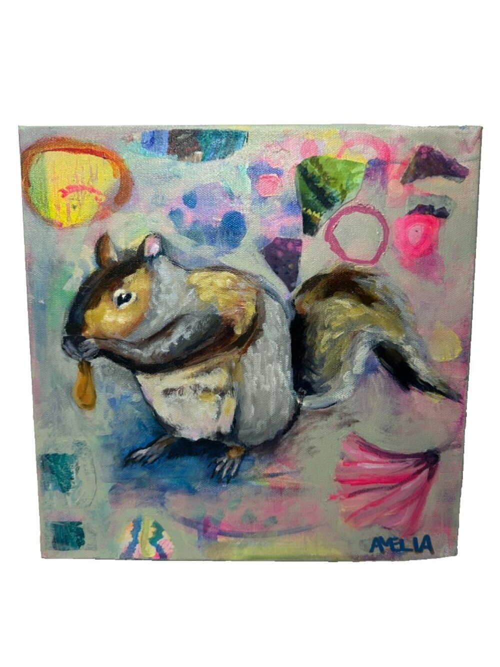 Original Art Painting OOAK Squirrel Gallery Wrapped Wall Art Weird Colorful